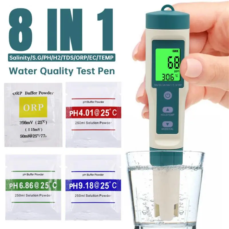 

8 IN 1 Digital Water Quality PH Test Pen With Backlight TDS EC PH ORP Temp Meter Analysis Hydrogen-rich Drinking Water Tester