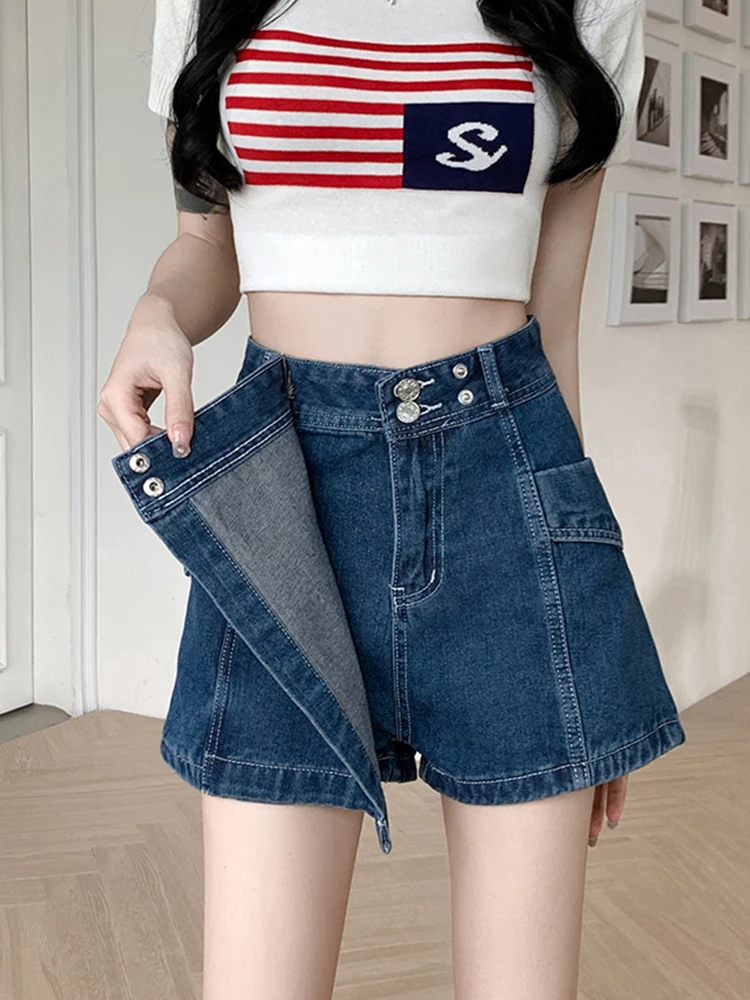 New Spring Summer Women High Waist Asymmetrical Denim Shorts Streetwear Female Pocket A-line Jeans Shorts Bottoms