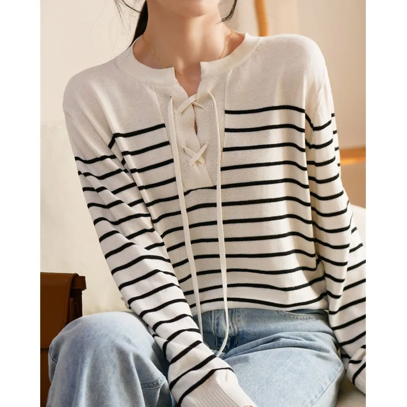 

Foreign style half open crewneck lace-up striped cashmere sweater women's spring and autumn lazy leggings loose cardigan sweater