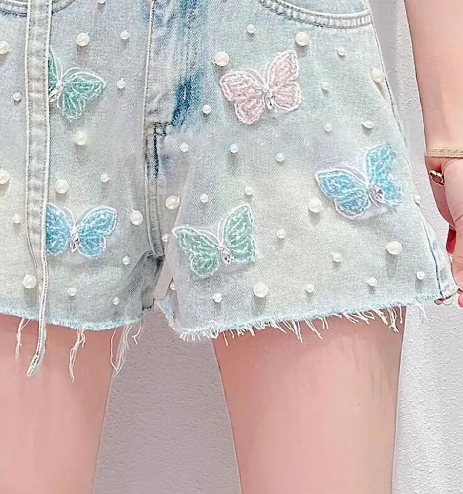 French Style Heavy Industry Beads Butterfly Denim Shorts Female Summer Loose Slimming High Waist Wide Legs A-line Burr Hot Pants