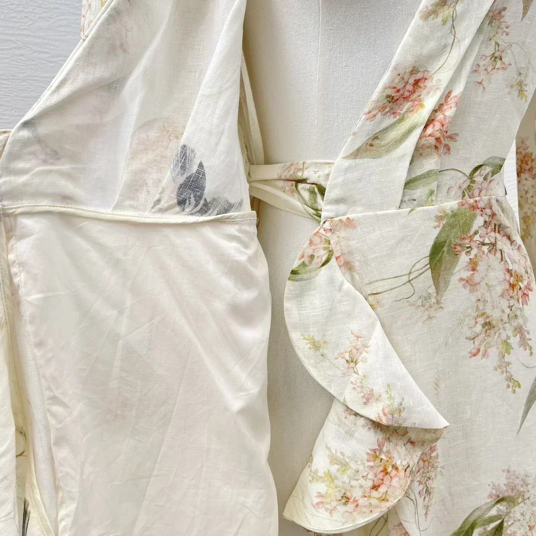 2024 новое льняное винтажное бежевое платье с цветочным принтом птиц и длинными