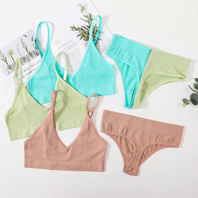 

Fashion Women Bra Set Seamless Bra V Neck Tops High Waist Thongs Underwear Bralette Comfort Wire Free Brassiere Lingerie Set