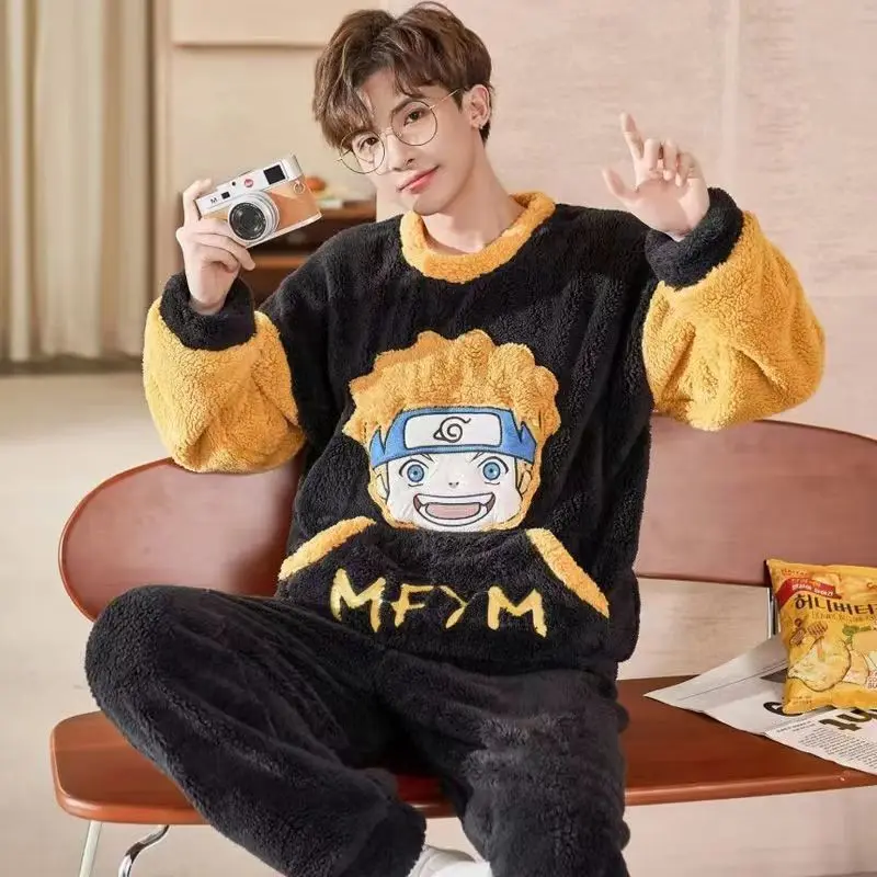 Men Winter Pajamas Set Thick Home Clothes 2 pieces Flannel Loungewear Anime Dinosaur Japan Style Pijama for Young Man Nighty