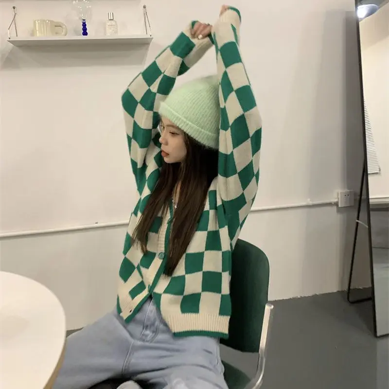 Свитер в стиле ретро ленивом женская куртка клетчатый вязаный кардиган с