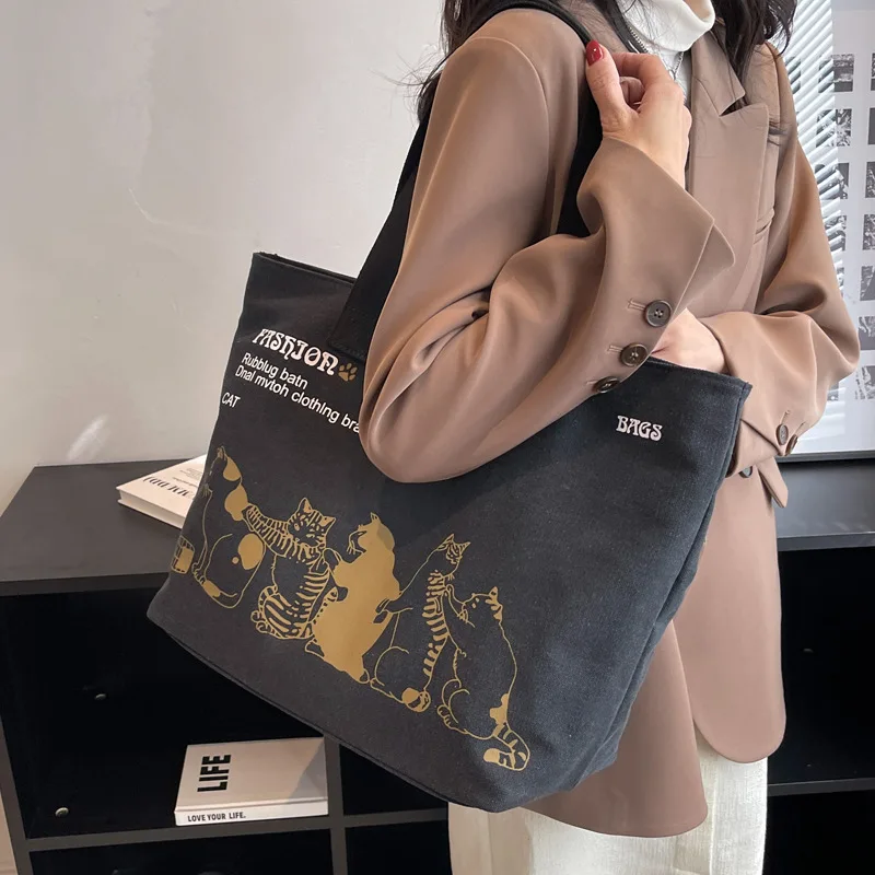 

2023 New Women Canvas Shoulder Bag Cat Print Girls Big Handbag Tote Bag Reusable Large Capacity Cotton Shopping Beach Bag