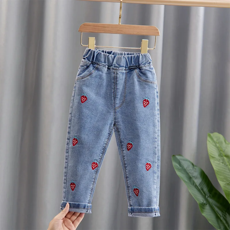 

Children's Wear Spring and Autumn New Baby Girls Cherry Jeans Children Embroidered Pants Baby Clothing Kids Trouser 2 4 6 8 year
