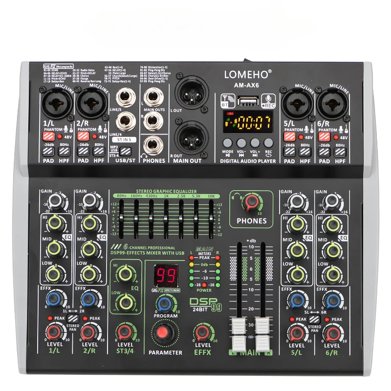 

6 Channels Mixing Console Individual Effects Bluetooth USB Computer Play Record Audio Mixer AM-AX6