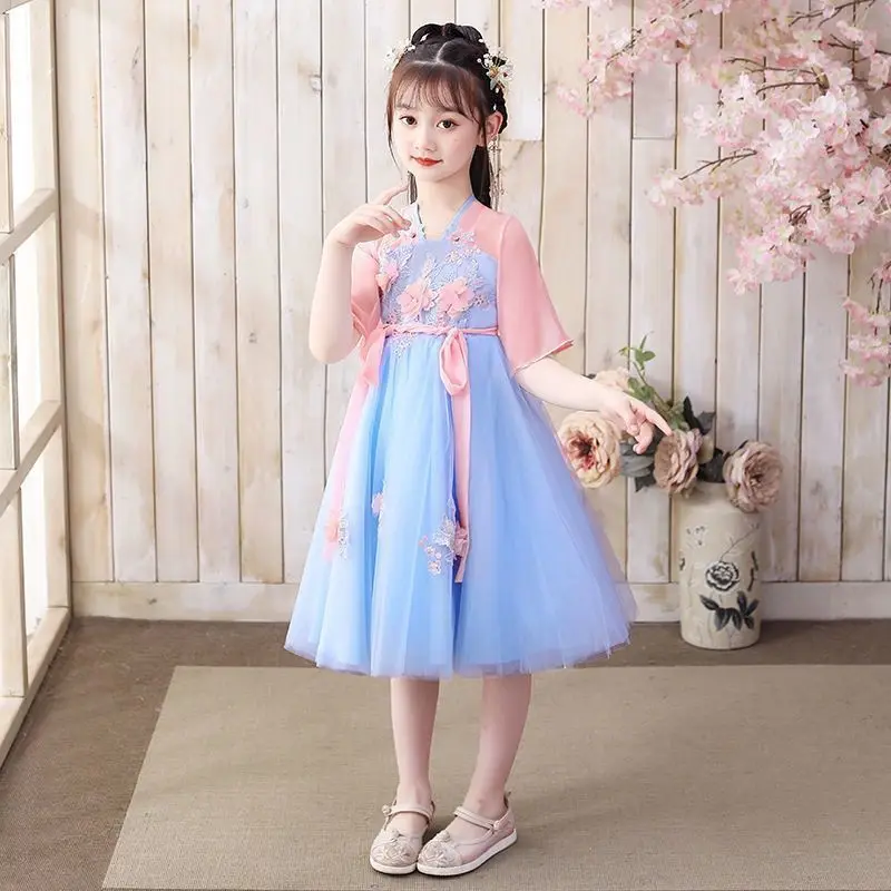 

Girls Hanfu Summer Dress Ancient Dress Children's Dress Girl Cherry Blossom Princess Ancient Style Teenager Short Sleeve Dress 9