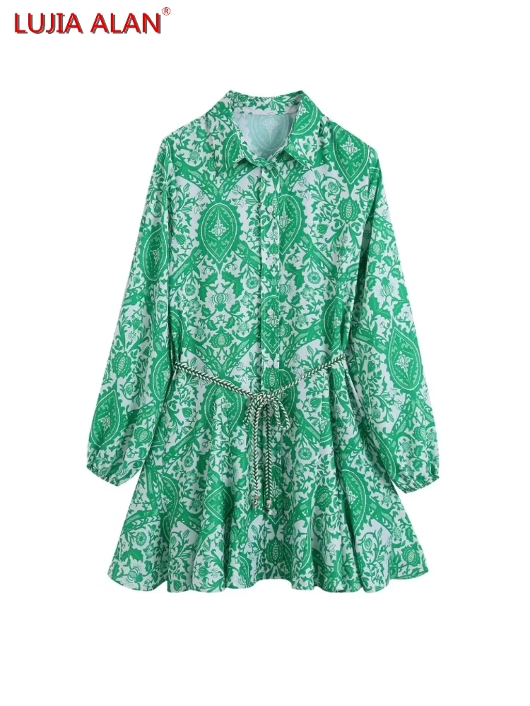 

Women Green Flower Printing Sashes Shirt Dress Summer Female Long Sleeve Mini Vestidos LUJIA ALAN D9377