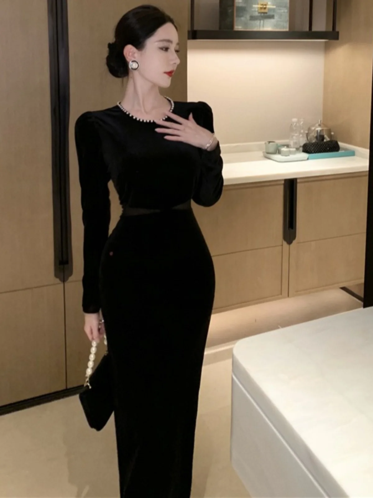 Французский sle Socialite Strong Atmosphere Женская одежда High Cold Royal Sister Sle Super Nice Sense Beads Retro Velvet ...