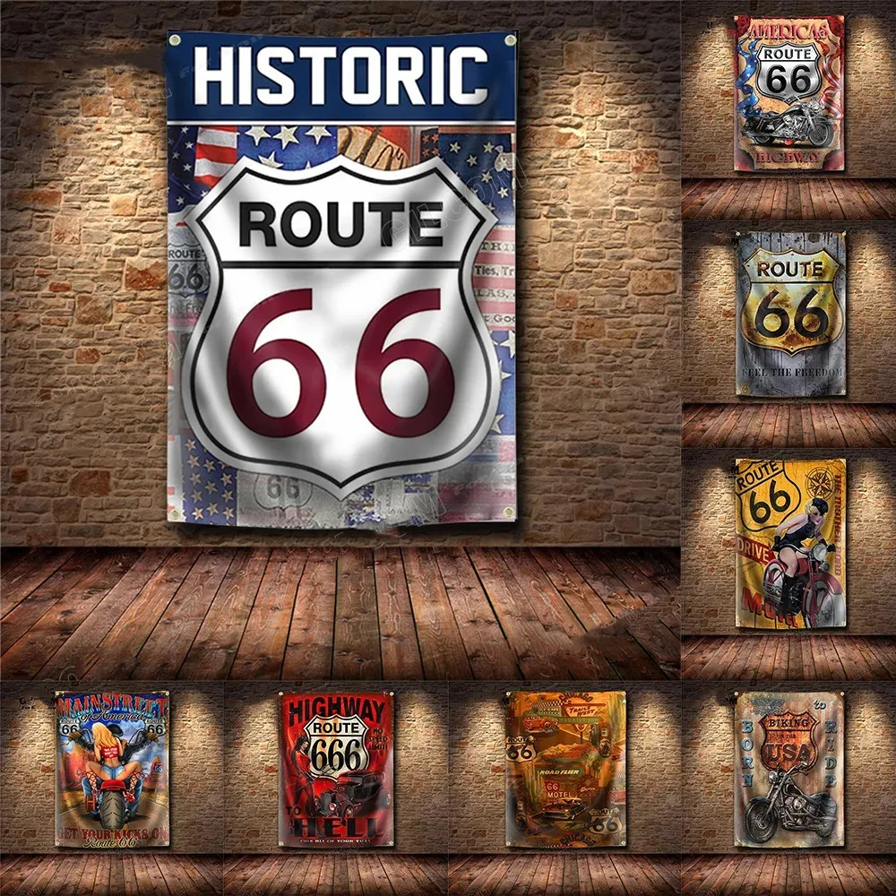 

US Route 66 The Mother Road Retro Banner Flag Born to Ride Poster Wall Art AD Vintage Man Cave Garage Pub Club Decor Signboard