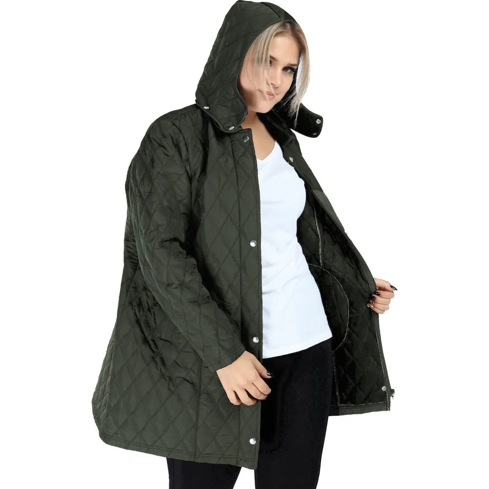 

Длинное стеганое пальто Dorlie цвета хаки большого размера с капюшоном