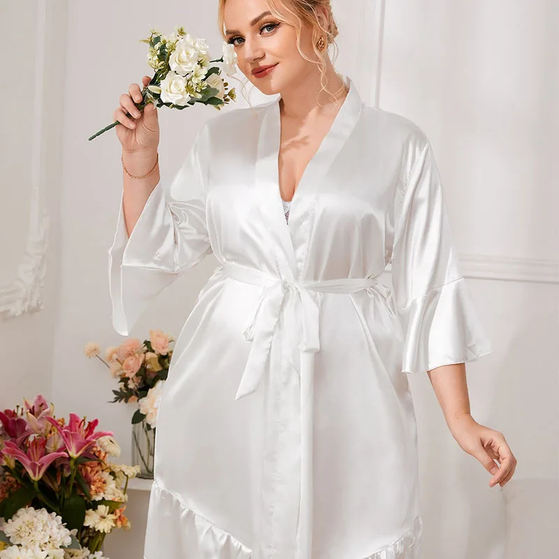 

Summer Newest White Color Silk Pajamas Bathrobe Women Plus Size 5xl Bathrobe Cardigan Silk Home Wear Bathrobes for Women