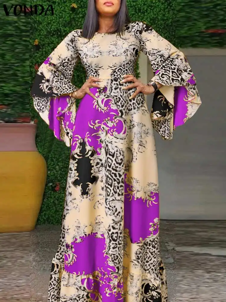 

VONDA Bohemian Dress 2022 Autumn Women's Fashion Long Flare Sleeve Pleated Party Sundress Casual Vintage Printed Maxi Vestidos