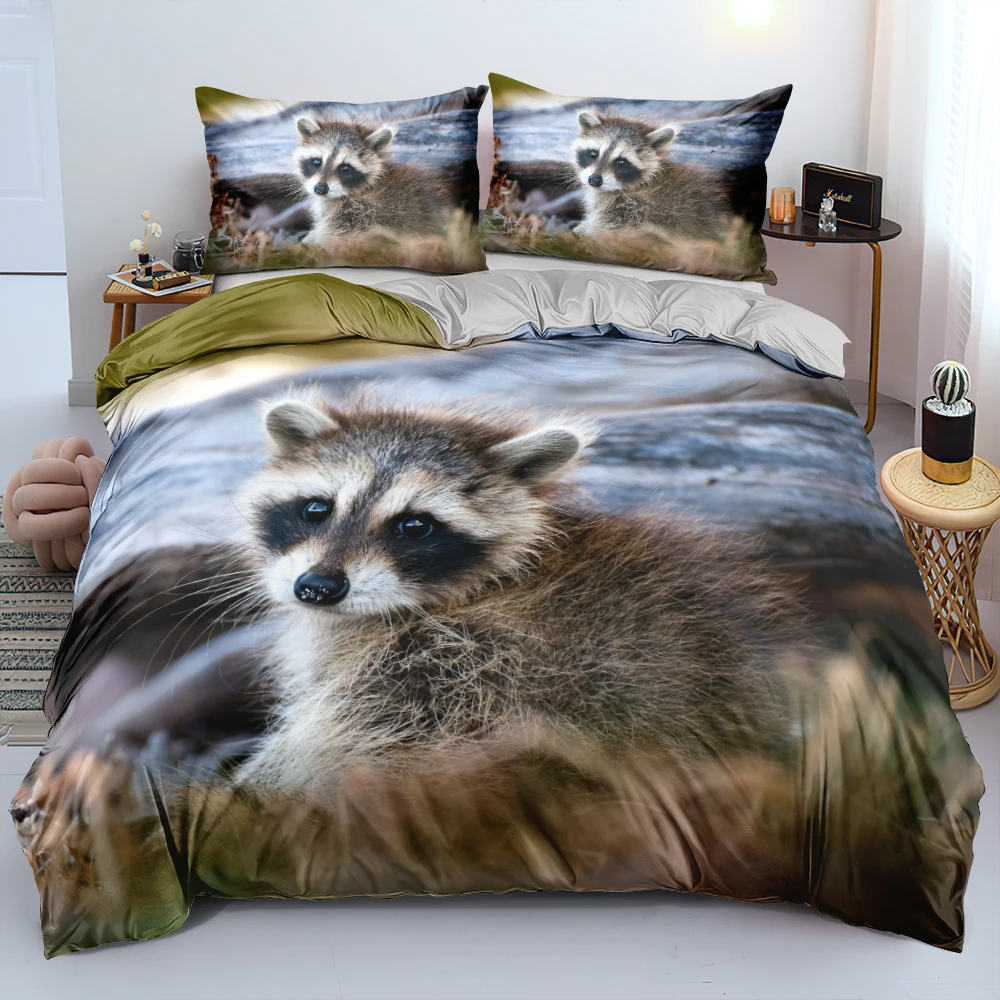 

100%Microfiber Raccoon Pattern Duvet Cover Set Cute Animal Bedclothes Pillowcases Bedding Set Custom Twin Full Queen King Sizes