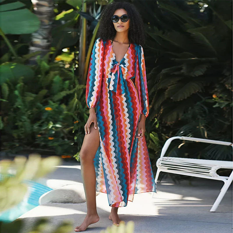 

Накидка для плавания, женское белое пляжное платье, новый принт 2022, полиэстер, сексуальный шейный купальник, бикини, купальный костюм, выход ...