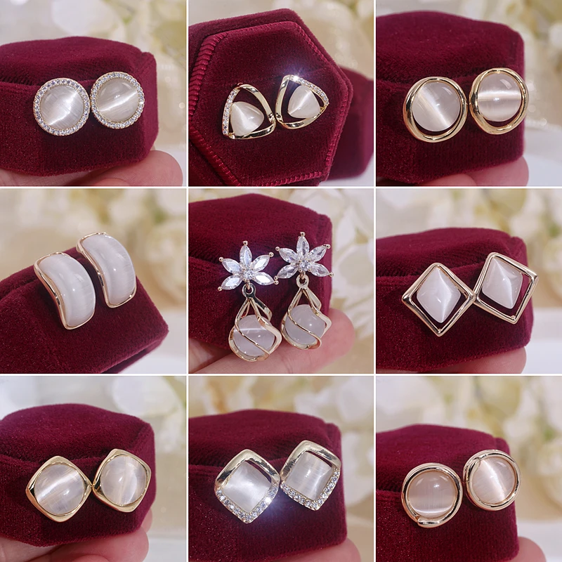 Модные корейские серьги Стразы с опалом для женщин и девушек геометрические маленькие серьги-гвоздики элегантные свадебные украшения подарки на день рождения