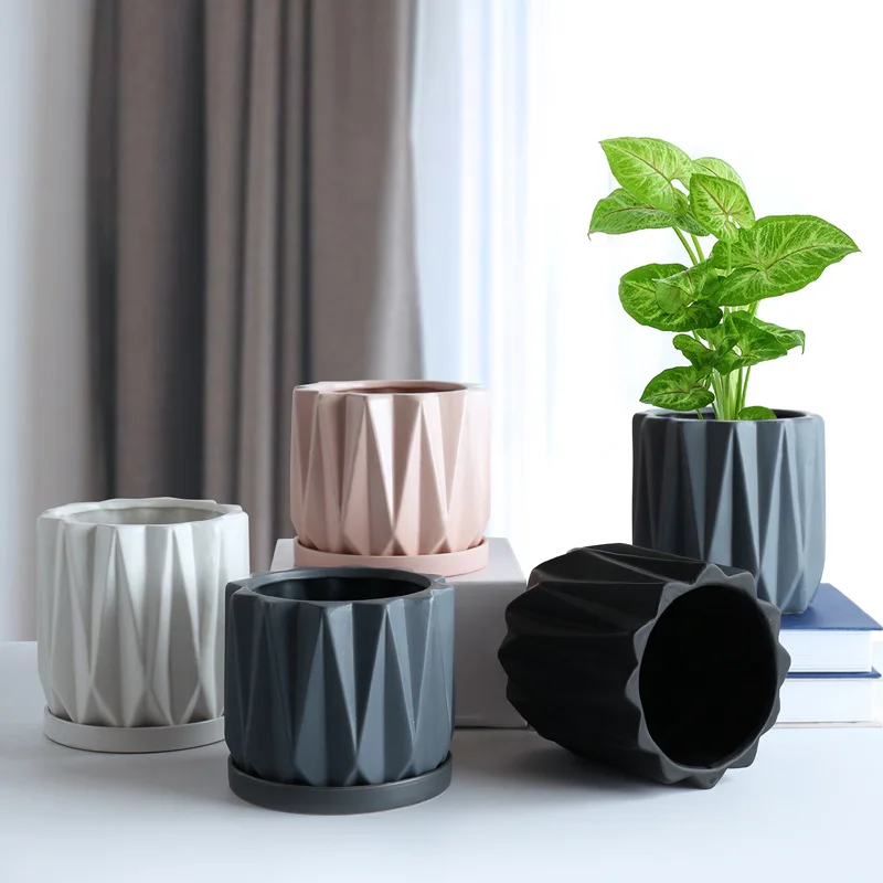 

European Ceramic Flowerpot Set with Tray Geometric Flowerpot Simple Succulent Plant Container Green Planters Small Bonsai Pots