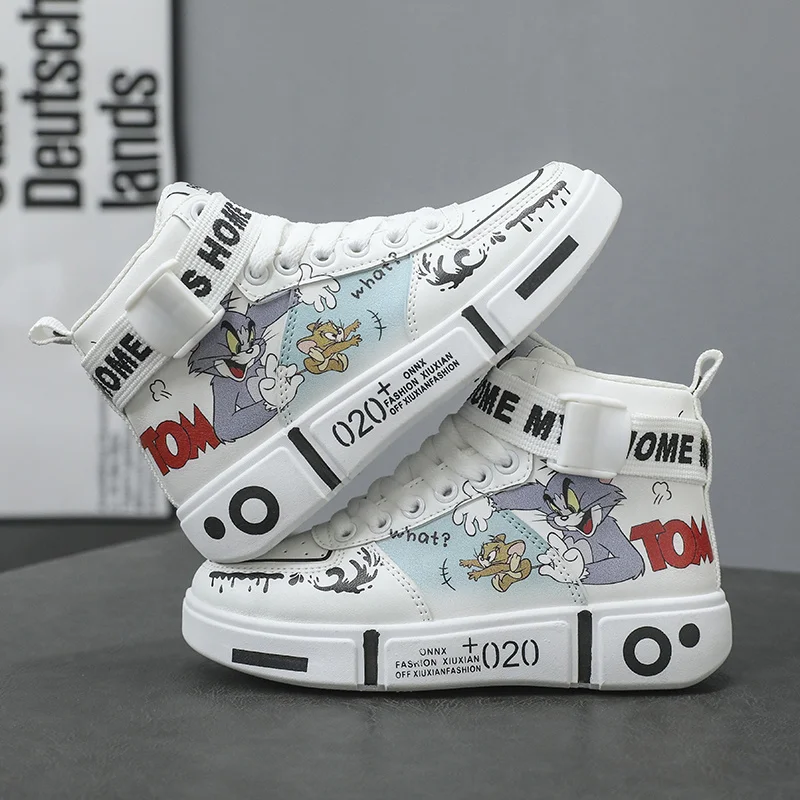 Hot Fashion Cartoon Skateboard Shoes Kids Boy Lace Up Antiskid Sports Shoes Women Platform Leather Casual Anime Sneakers Male