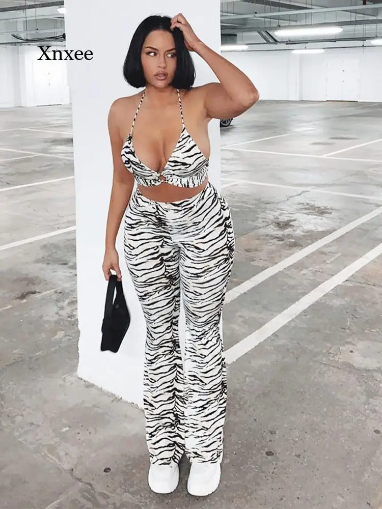 

Zebra Striped Print 2 Pcs Set Outfits for Women Clothes Neck Mounted Backless Mini Crop Top Long Flare Pants Sexy Streetwear