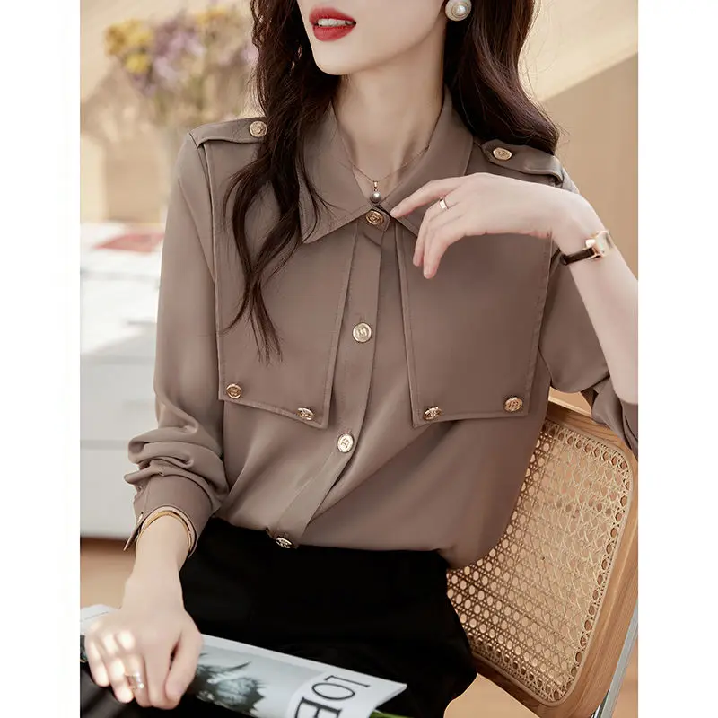 

Korean Commute Button Spliced Solid Shirt for Female Women's Clothing All-match Long Sleeve Fashion Turn-down Collar Blouse