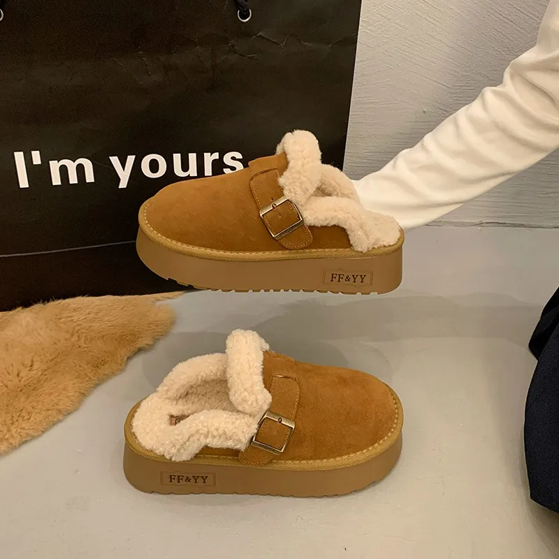 Женская обувь 2024 женские тапочки с закрытым носком меховые шлепанцы на платформе