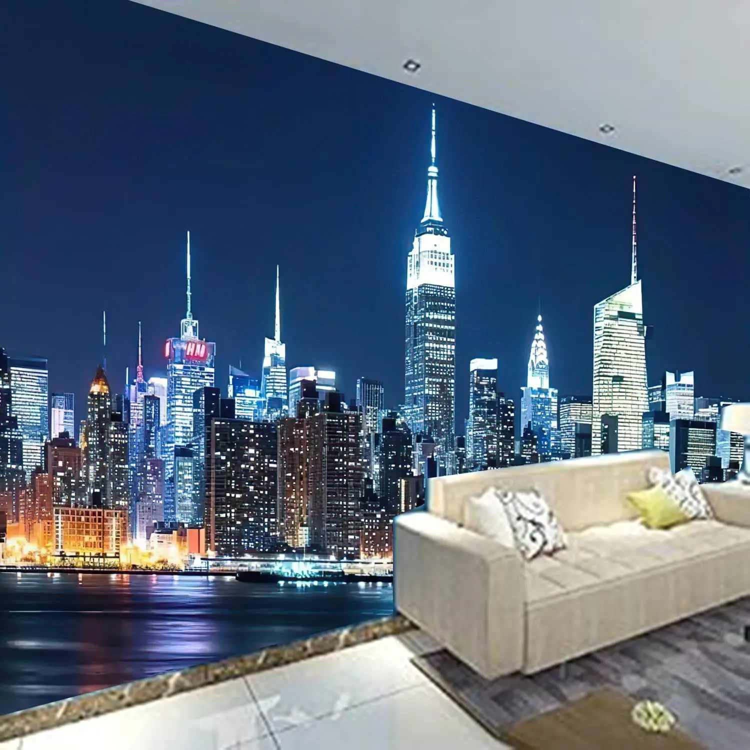Гобелен New York Skyline — вид на город окно с рекой и ночными огнями для декора гостиной, спальни или общежития (art.: 3920d442f8b2e) - 3920d442f8b2e