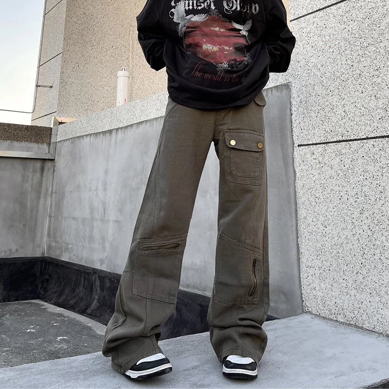 Men Clothing New Pattern Recreational Vintage Broad Leg Military Green Jeans Straight Cylinder Loose Cargo Pants Autumn Female