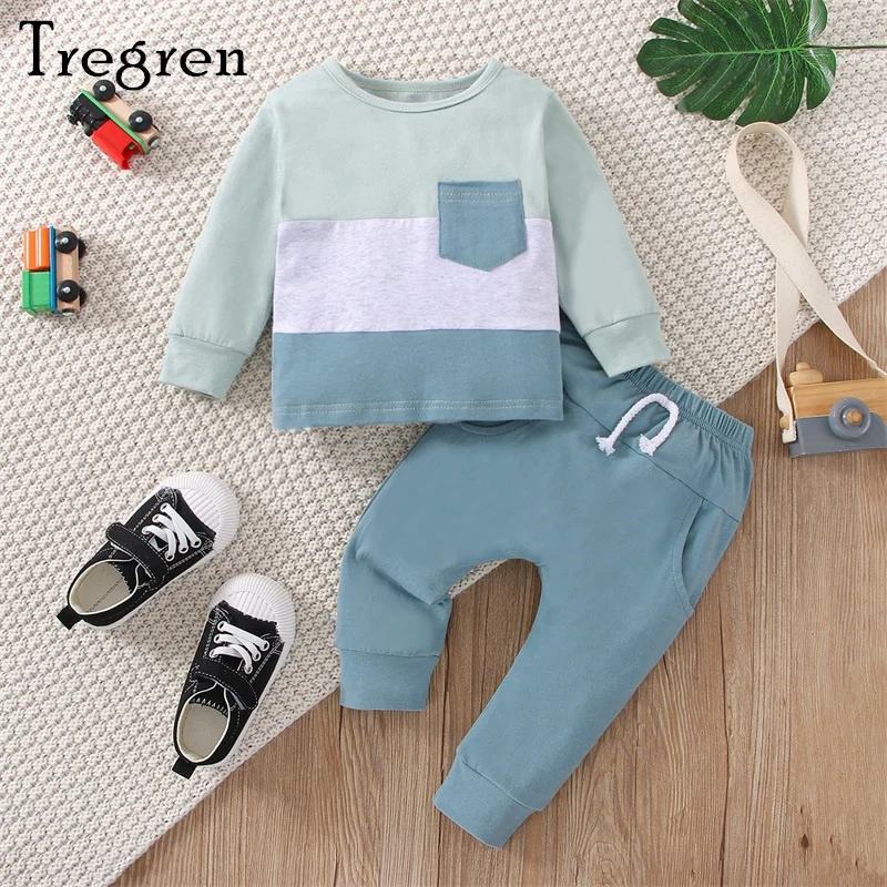 

Комплект одежды Tregren для маленьких мальчиков, повседневный лоскутный Топ с длинным рукавом и карманами контрастных цветов + однотонные длинные брюки, комплект из 2 предметов