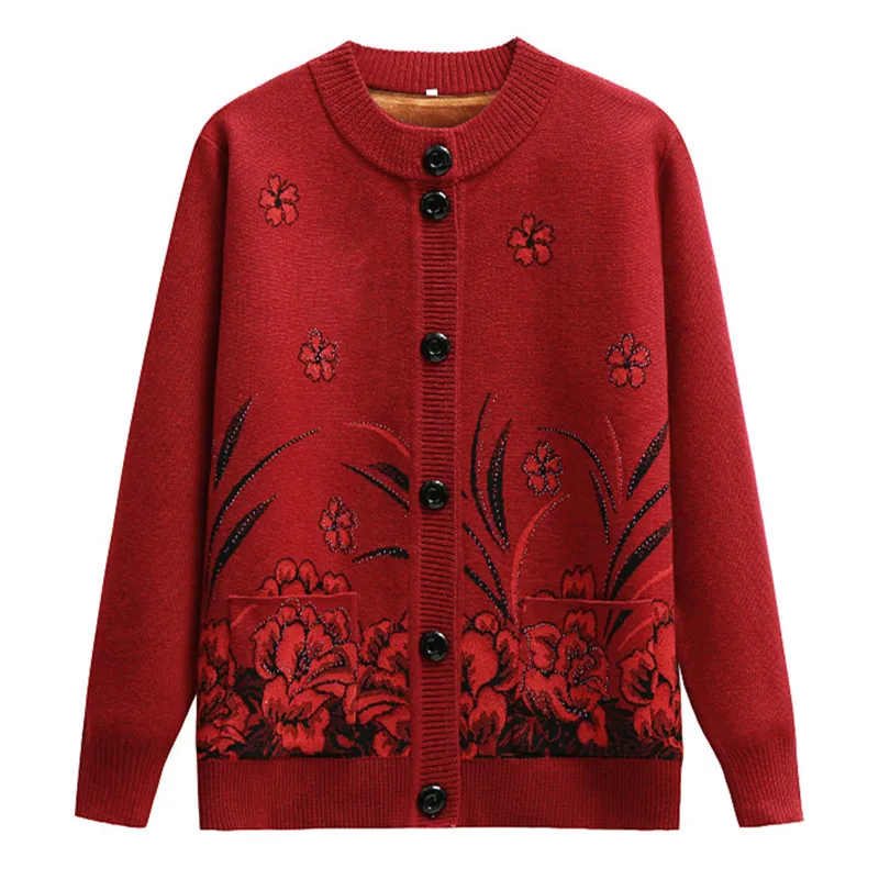 

Fdfklak Embroidered Middle-Aged Elderly Women Autumn Winter Velvet Thicken Mother Knitted Tops Grandma Cardigan Sweater Coat