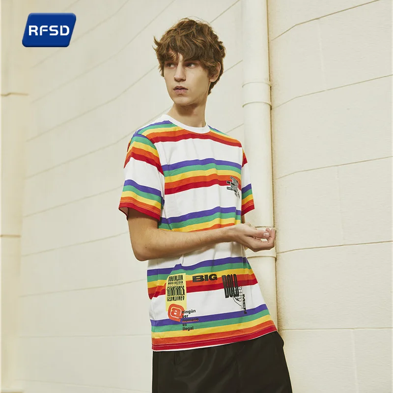 

Cotton 2022 Summer New T-shirt Male Couple Rainbow Striped Loose Casual Top Hip-hop Street Short-sleeved Shirts for Women