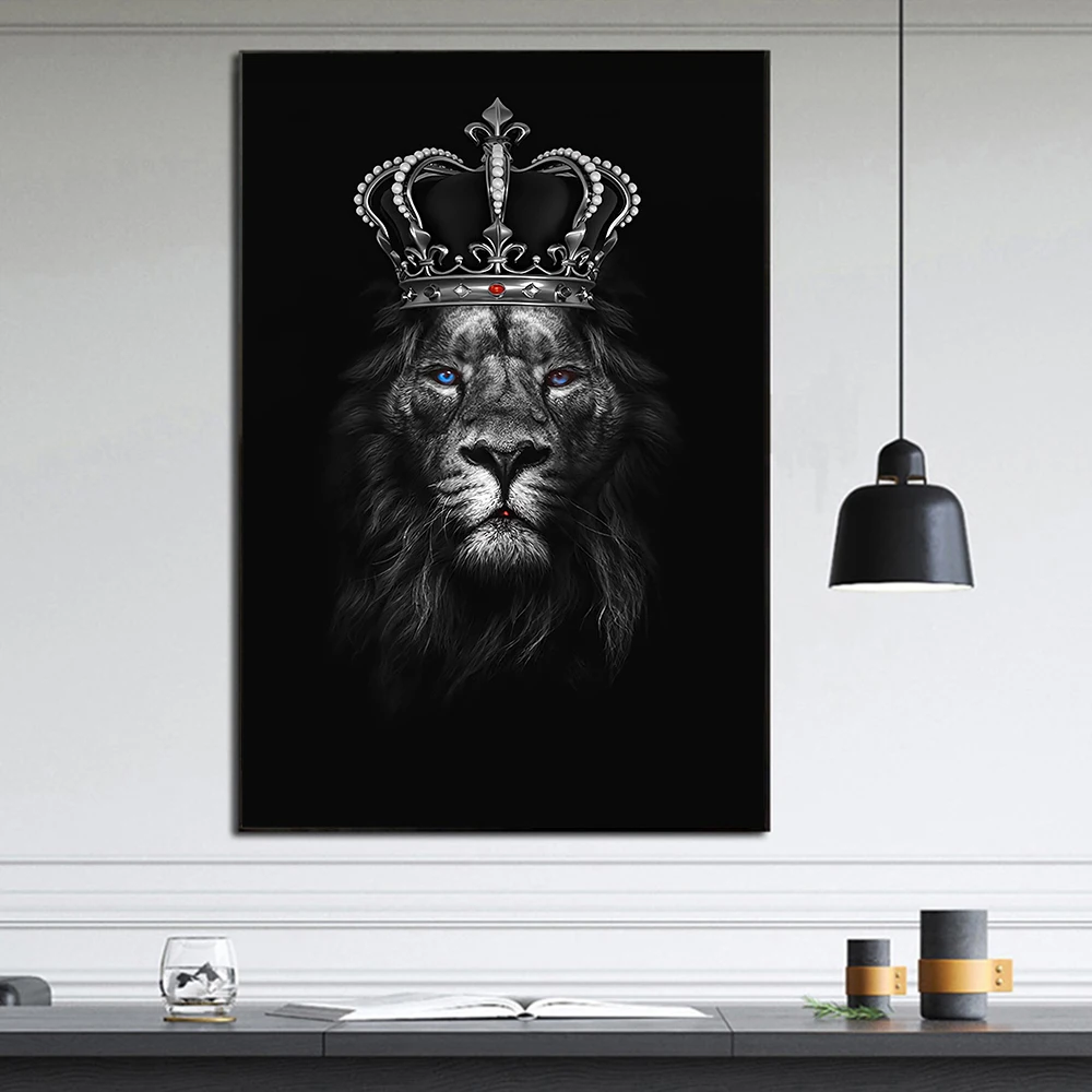 

Modern Lion King with Crown Gold Luxury Canvas Painting Black White Animal Poster Print Wall Art Pictrue for Office Home Decor