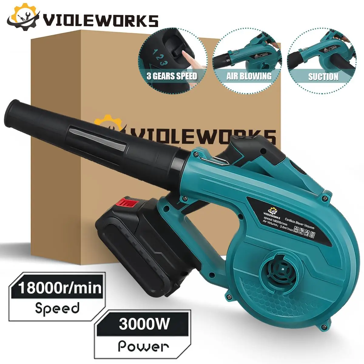 

2 IN 1 3000W Cordless Air Blower Blowing Suction 3 Gear Adjustable Speed Rotatable Leaf Dust Collector For Makita 18V Battery