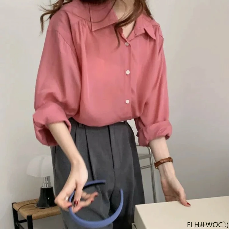 

Hot Sales Chic Tops Blusas Women 2023 Office Lady Girls Korea Loose Casual Single-Breasted Button Pink Retro Vintage Shirts