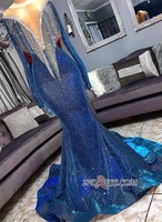 luxurious evening dresses deep v neck beaded sequined long sleeve mermaid prom dress sweep train custom illusion robes de soir%c3%a9e