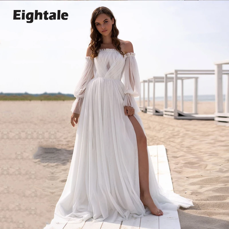 

Eightale Beach Wedding Dresses Puffy Sleeves Strapless Cross Tulle A-Line High Split Boho Bridal Gowns vestidos de novia