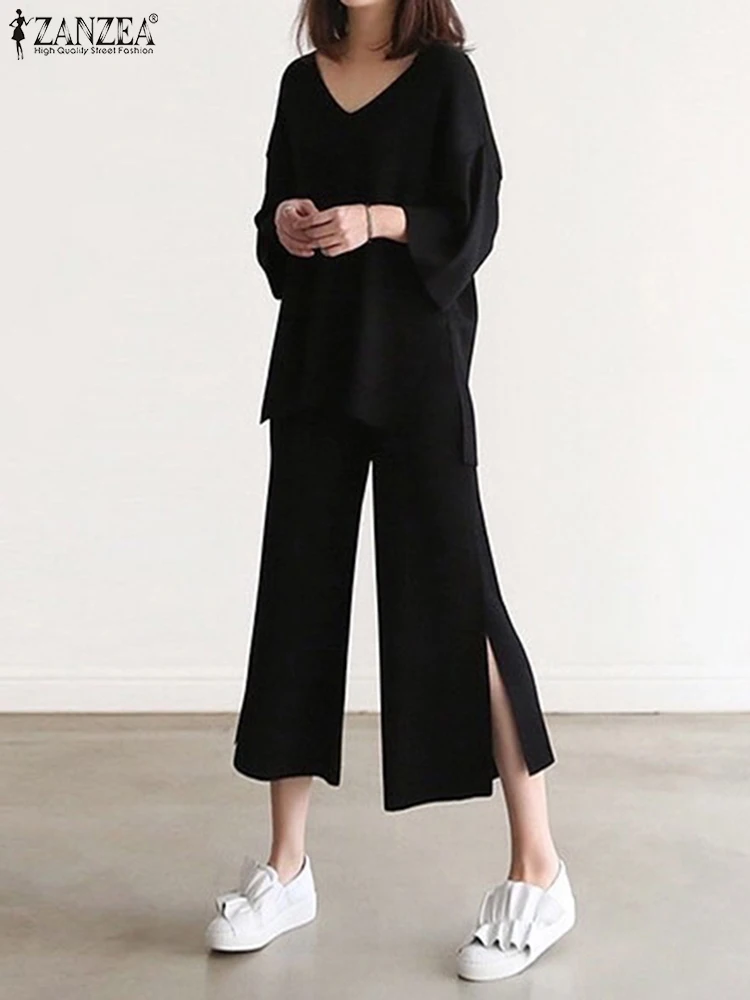 

Костюм ZANZEA Женский Осенний Повседневный свободного покроя, модный однотонный спортивный костюм с V-образным вырезом, винтажный укороченный брючный костюм с разрезом, 2023