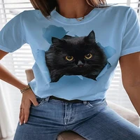 new summer print 3dt shirt meow pattern short sleeve top round neck harajuku street fashion loose ladies shirt