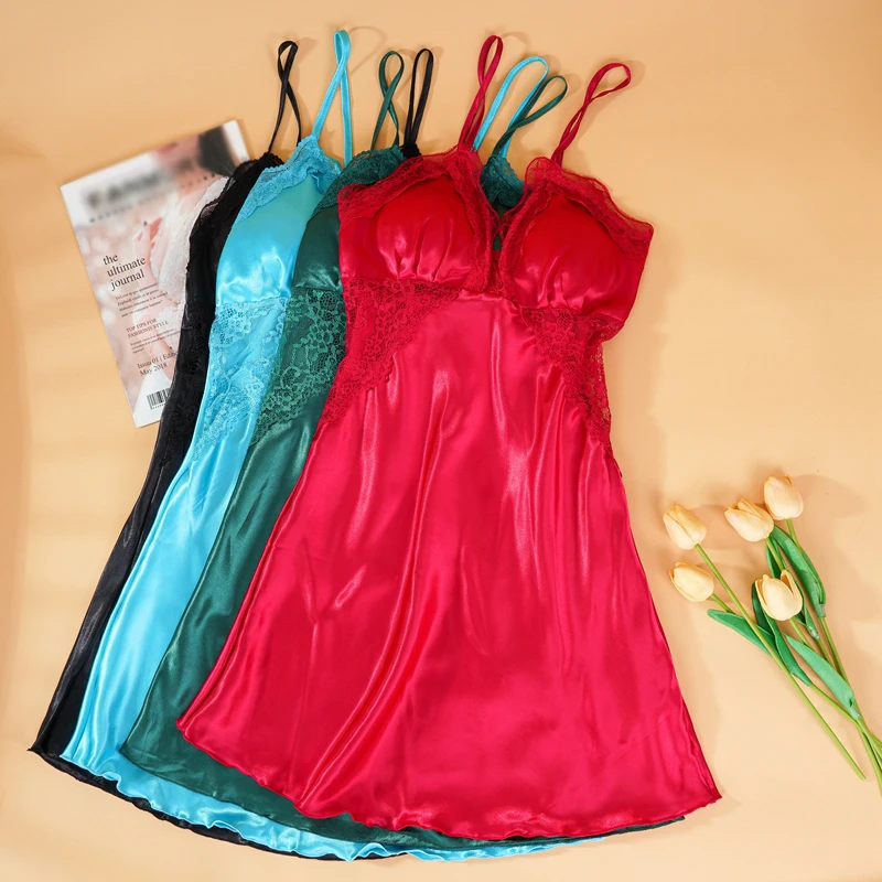 

Women Sexy Lace Satin Nightdress Spaghetti Straps Backless Temptation Nightwear for Female Summer Deep V Neck Home Clothes