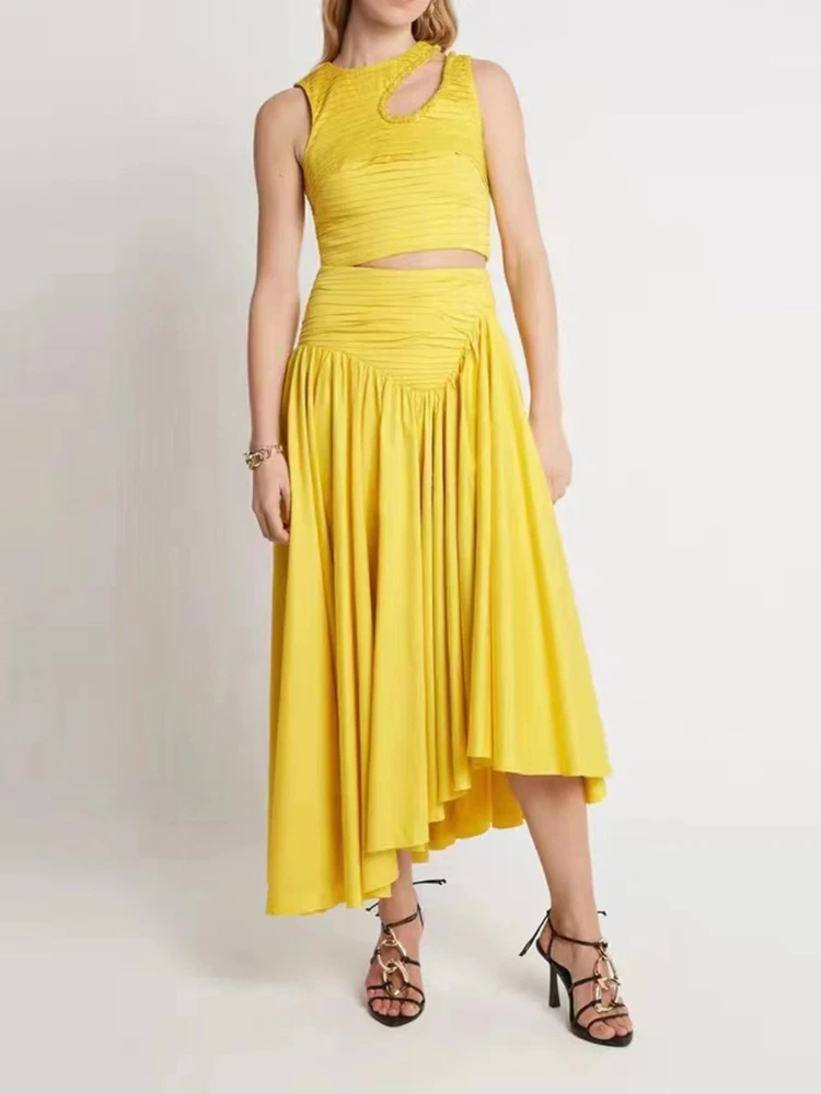 

Новинка весна-лето 2023, женские комплекты с асимметричной юбкой средней длины, женское длинное платье из двух частей с завышенной талией