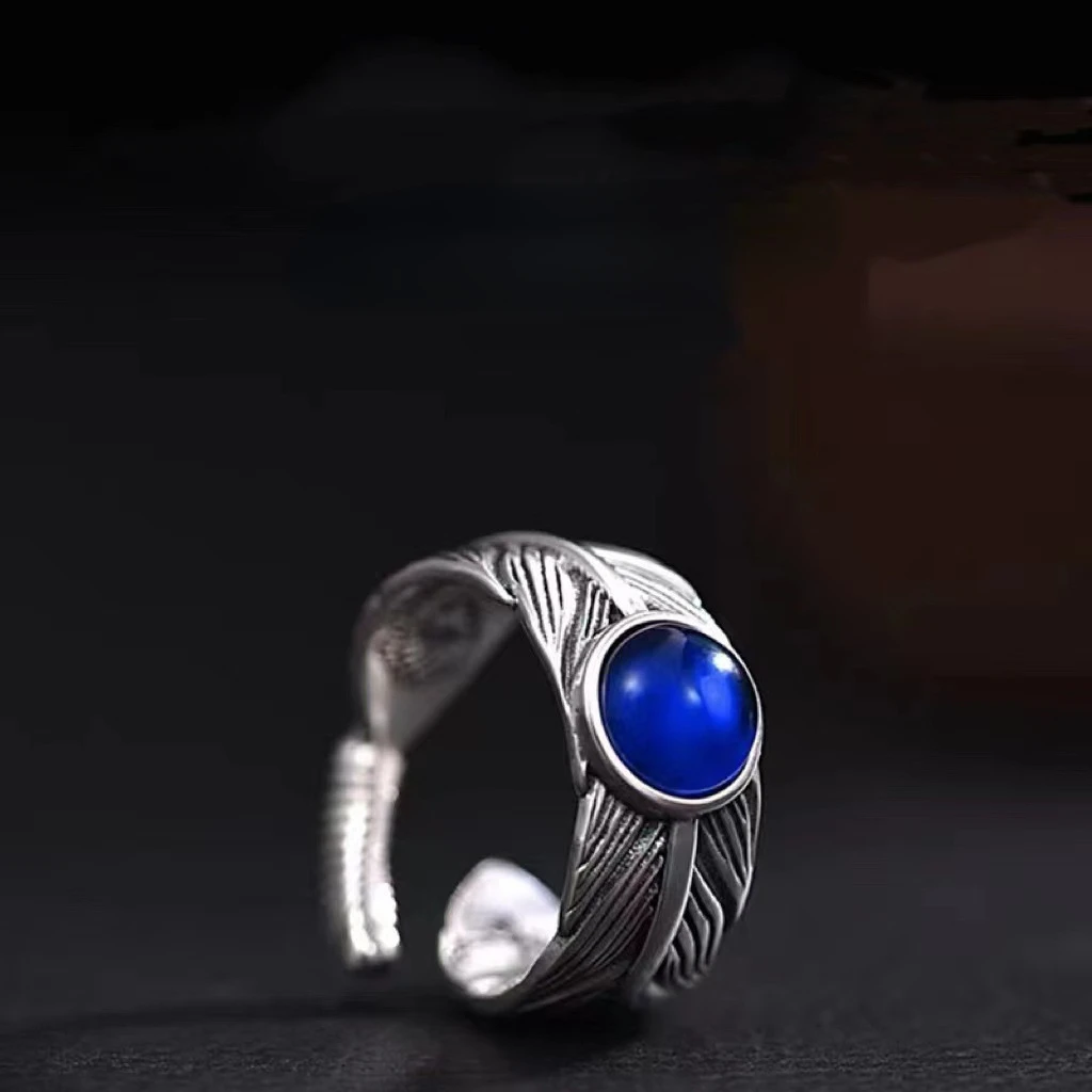 

Vintage Indian Blue Crystal Feather Men's Ring Creative Punk Style Opening Ring Adjustable Banquet Jewelry Gift Wholesale
