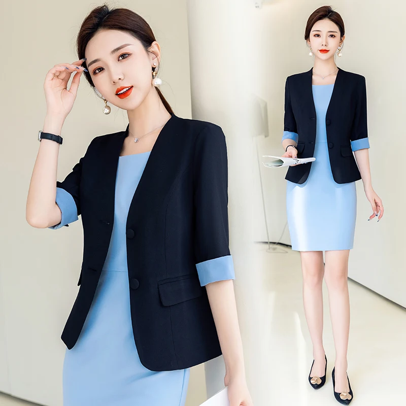 White Small Suit Coat Women's Spring/Summer 2023 New Korean Professional Dress Medium Sleeve Suit with Dress Two Piece Set