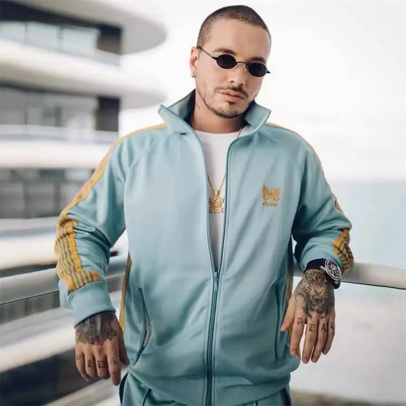 

2023 Y2K Keep warm Cozy Blue Needles AWGE Jackets Men Women Autumn and winter clothes Butterfly Embroidery Logo Zipper Coat