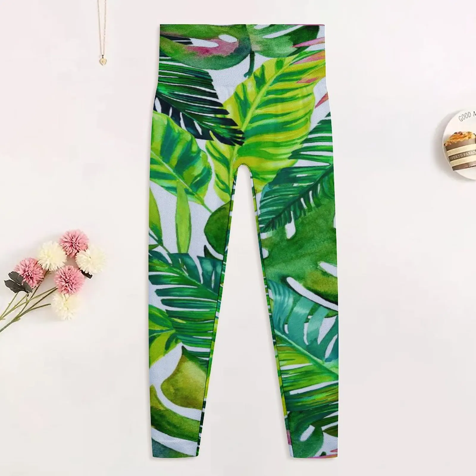 Бесшовные леггинсы с зелеными пальмовыми листьями Леггинсы для йоги эффектом