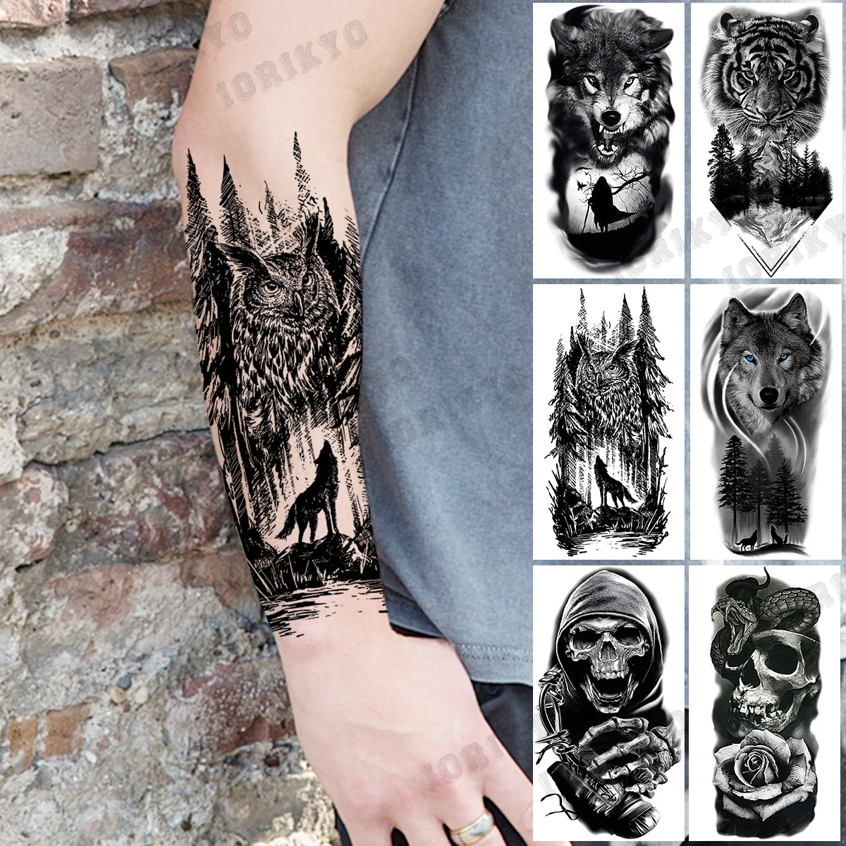 

Forest Owl Wolf Temporary Tattoos For Men Adult Tiger Skull Snake Fake Tattoo Sticker Realistic Washable Half Sleeve Tatoo Paper