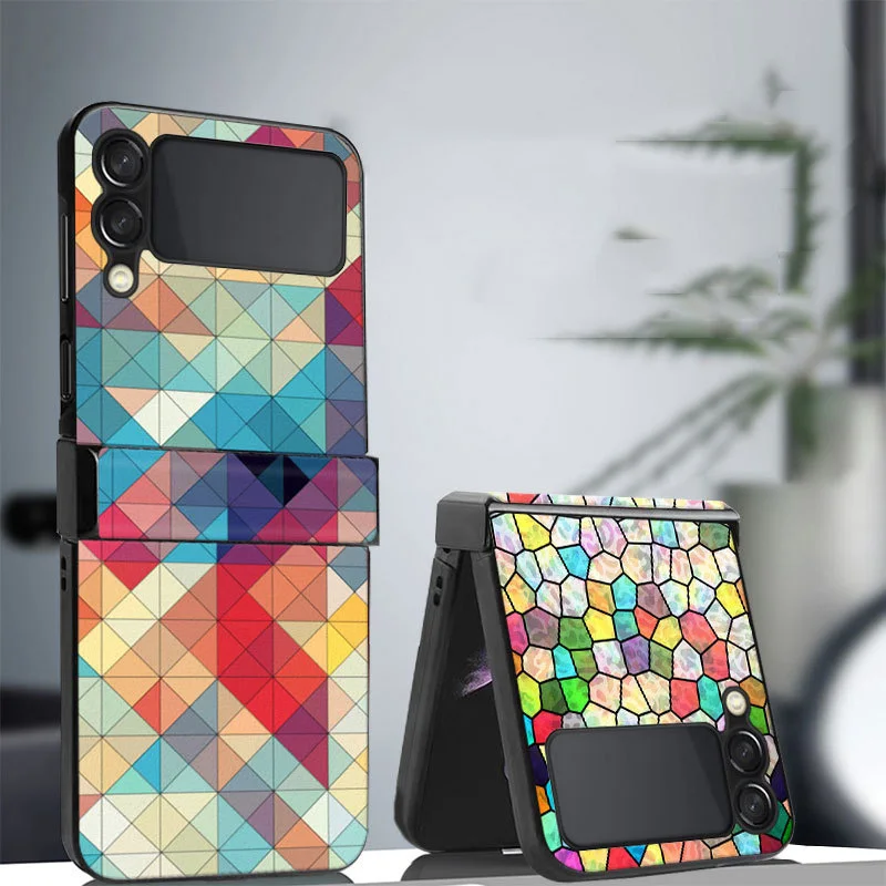 

Z Flip 4 Funda Case for Samsung Galaxy Z Flip 4 Z Flip 3 Color Square Diamond Pattern Hinge Protection Mobile Phone Case Cover