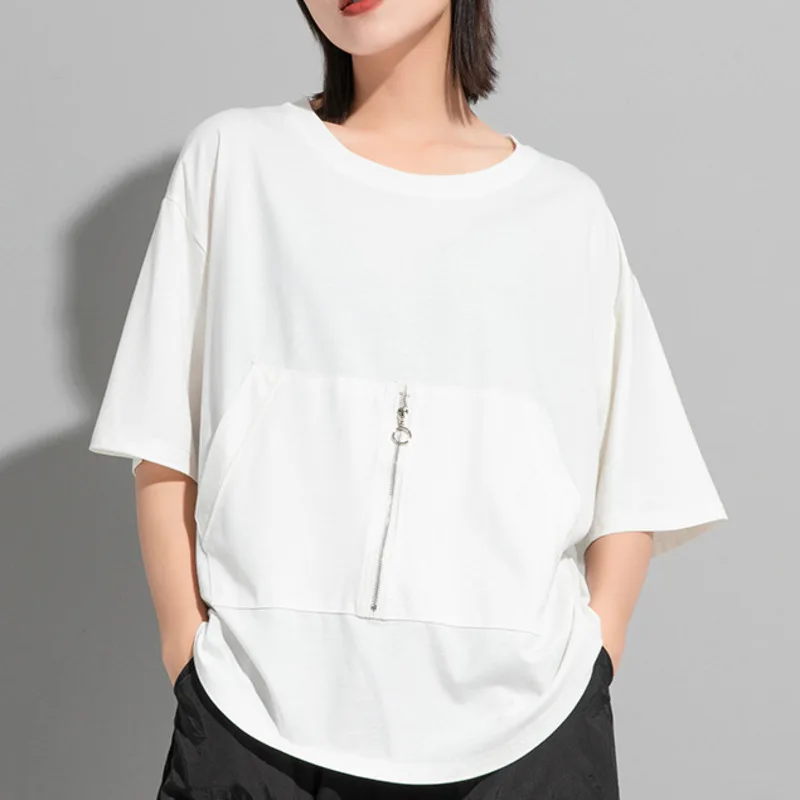 

XUXI 2022 Summer Loose Thin T-shirt Women Pullover O-Neck Short Sleeve Top Zipper Splicing Fashion Casual T Shirt E4853