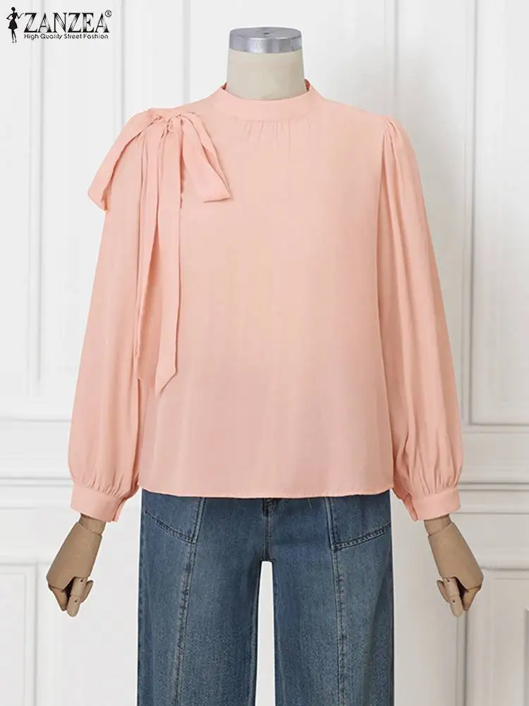 Летняя Блузка ZANZEA 2024 с пышными длинными рукавами элегантная женская однотонная