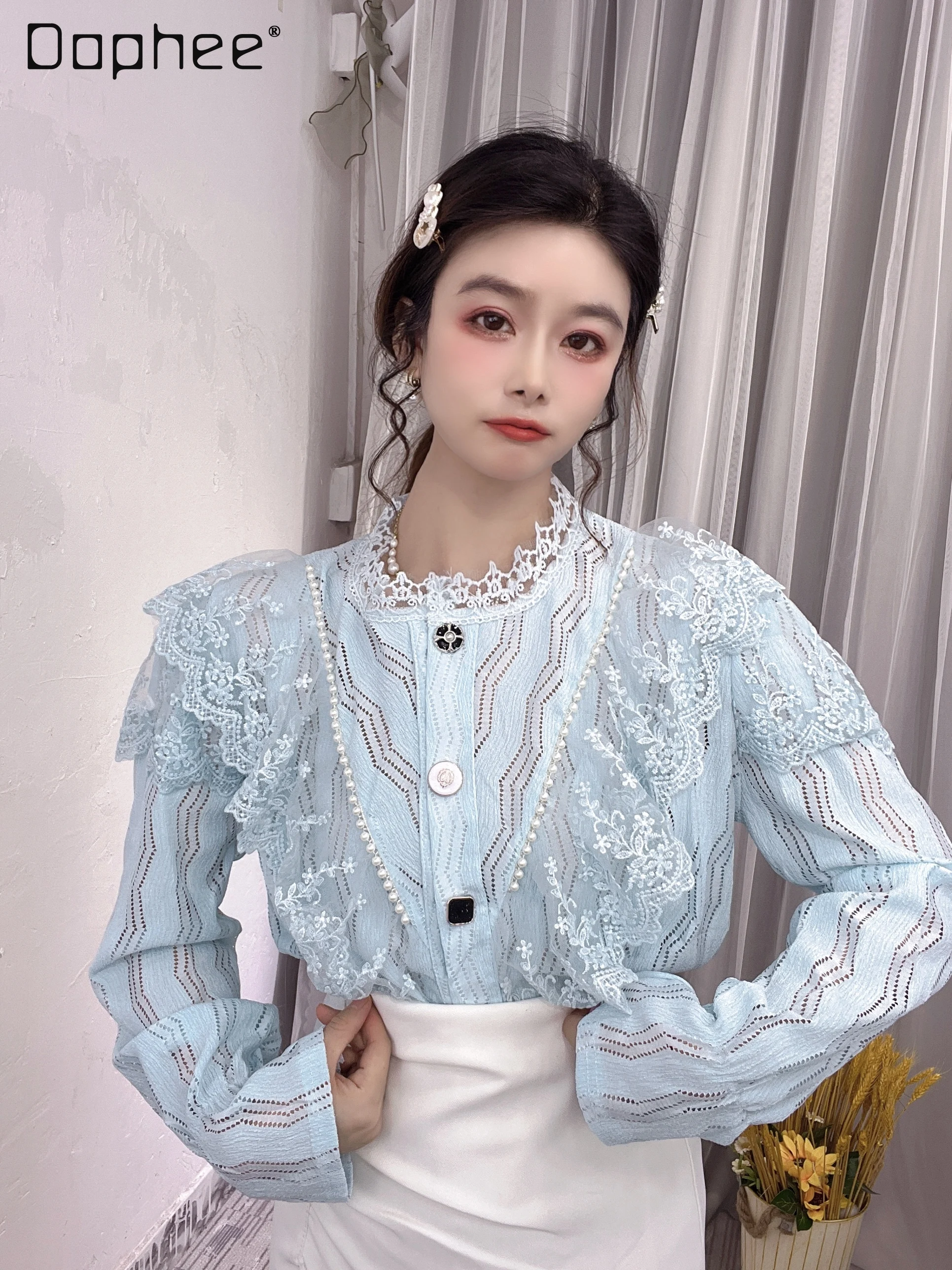 

Korean Style Sweet O Neck Beaded Lace Patchwork Ruffled Light Blue Blouse Ladies Fairy Elegant Long Sleeve Lace Tops for Woman