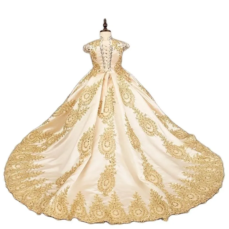 

Golden Beads Flower Girl Dresses For Wedding Fashionable Pageant Gown Sleeveless Lace Appliques Holy Communion Princess Dresses